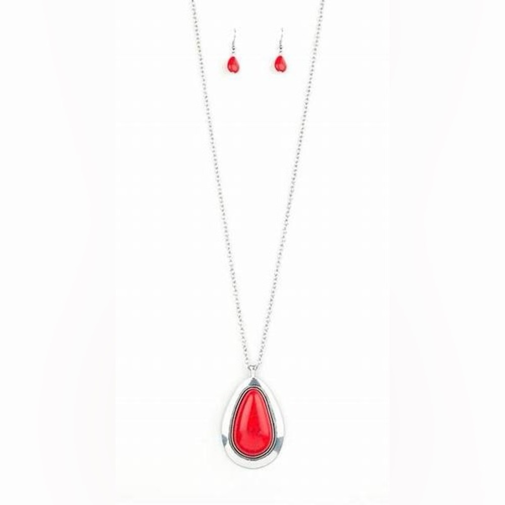 *Paparazzi long silver and red crackle large stone necklace.